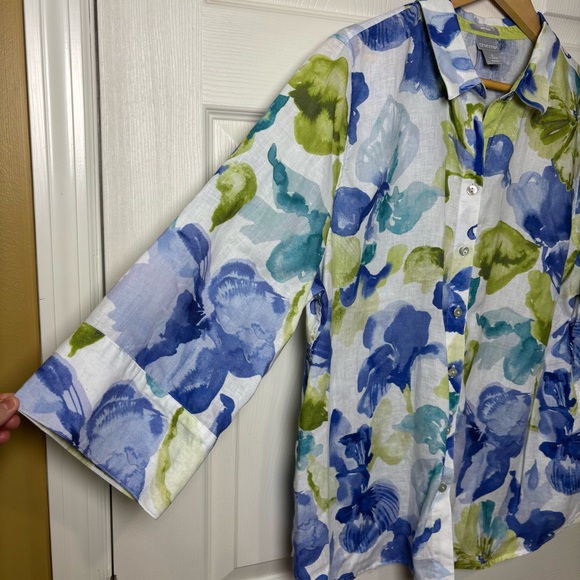 Chico’s No Iron Top Blouse 100% Linen 3 XL 16 Floral Button Up Resortwear Coast - Picture 4 of 7